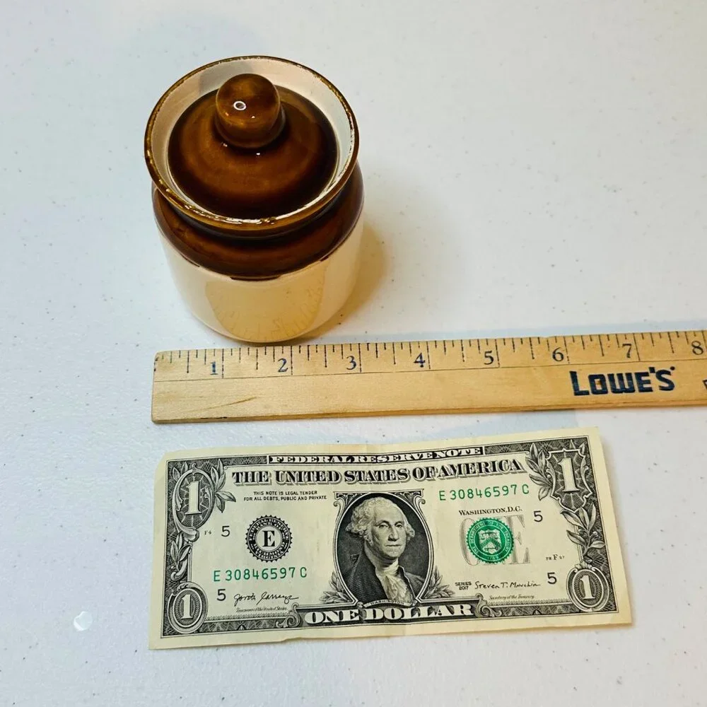 Small Brown and Off-white Ceramic Stoneware Jar With Lid Vintage look Farmhouse
